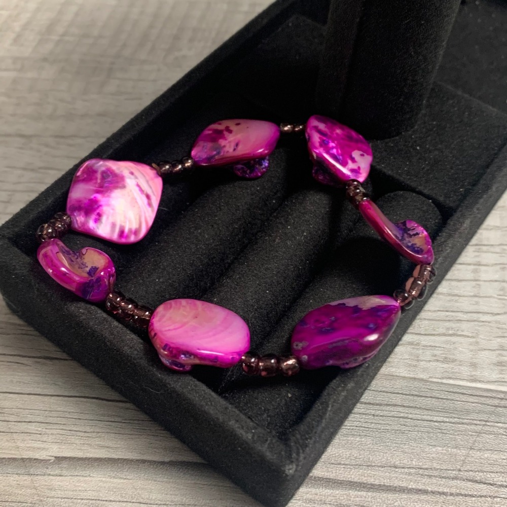 Magenta Pink Iridescent Shell Stretch Bracelet Purple Beaded Organic Statement